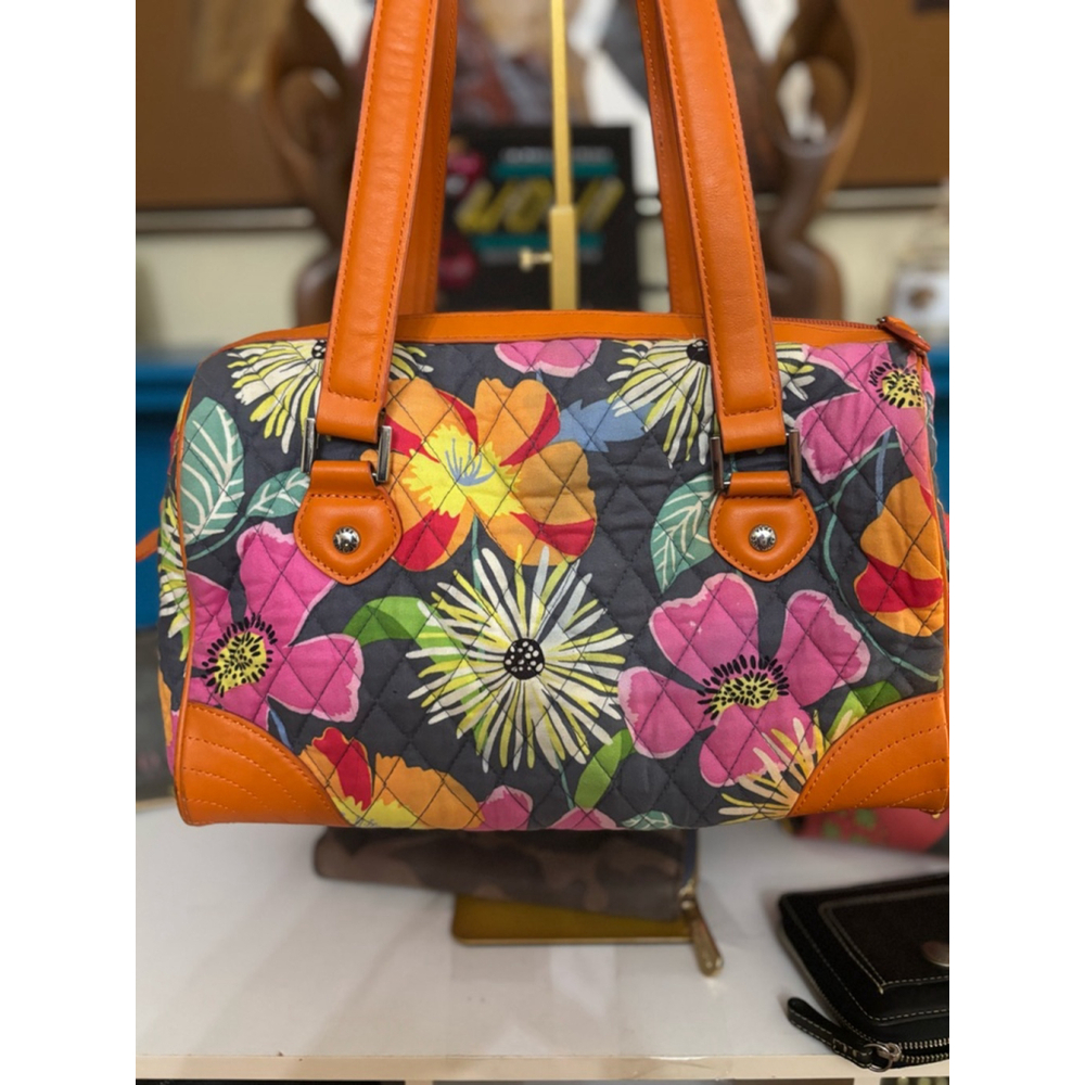 Vera Bradley Floral Quilted Satchel Bag Medium Gray Orange